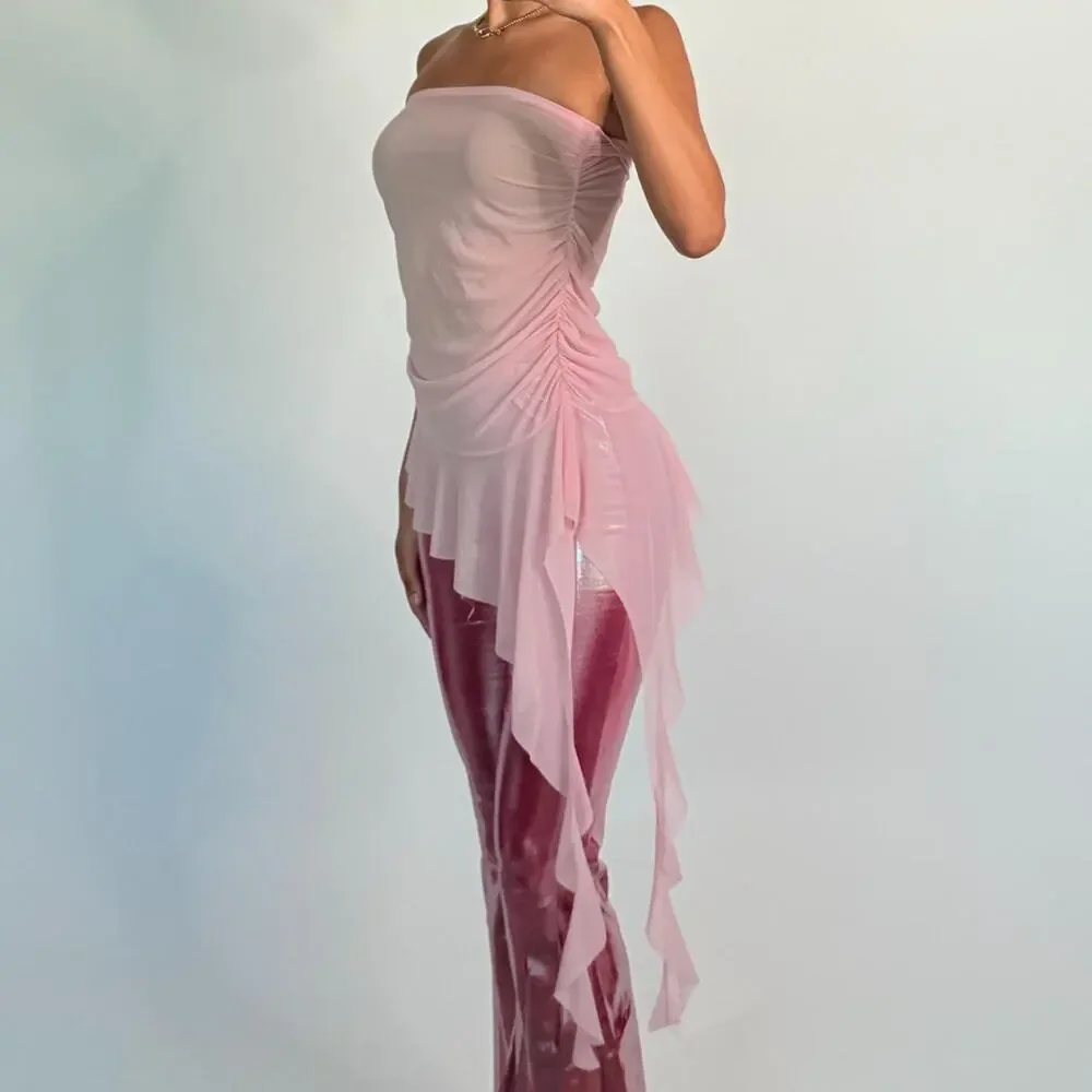 Pink Mesh Ruffled Top L - Picture 2 of 5